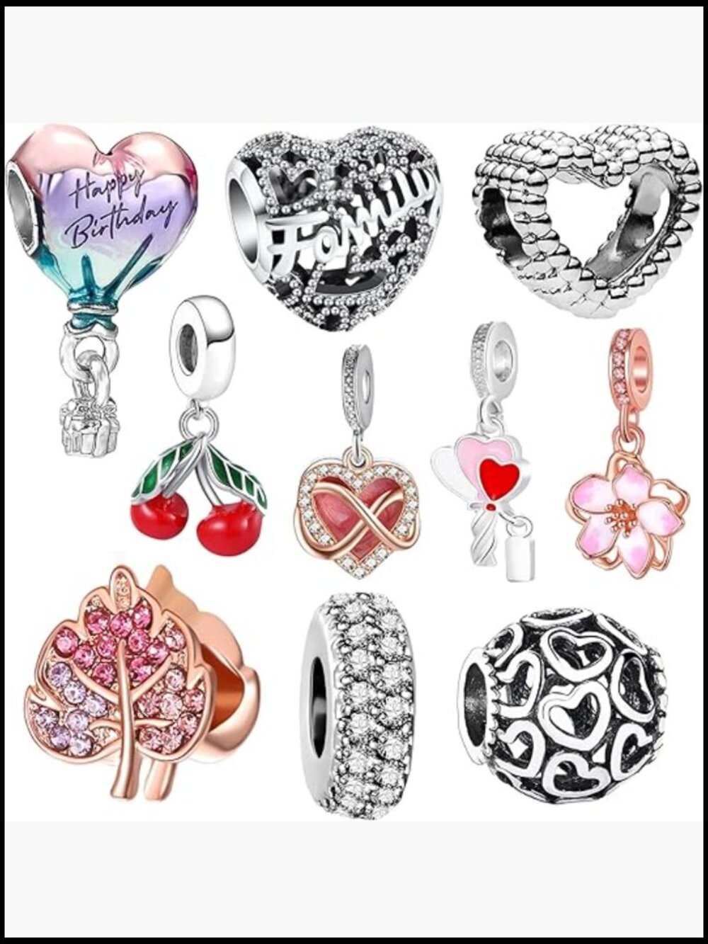 10 Piece Silver Bead Charms Set for Bracelets Necklaces Jewelry Making Gift